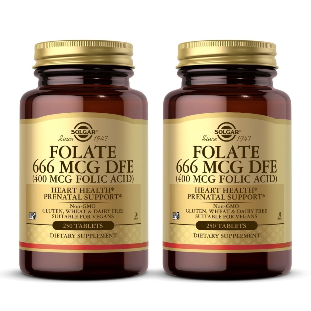 Solgar Folate 666 mcg DFE (Folic Acid 400 mcg) - 250 Tablets, Pack of 2 - Prenatal Support - Non-GMO, Vegan, Gluten Free, Dairy Free, Kosher, Halal - 500 Total Servings