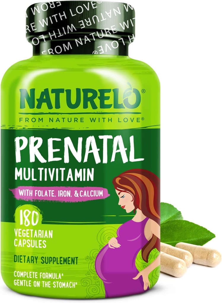 NATURELO Multivitamina prenatal con hierro suave Chelated, folato de metil, calcium vegetal " Choline - Vegan, Vegetariano - No Gluten Gratis - 180 Capsules - 2 Month Supply