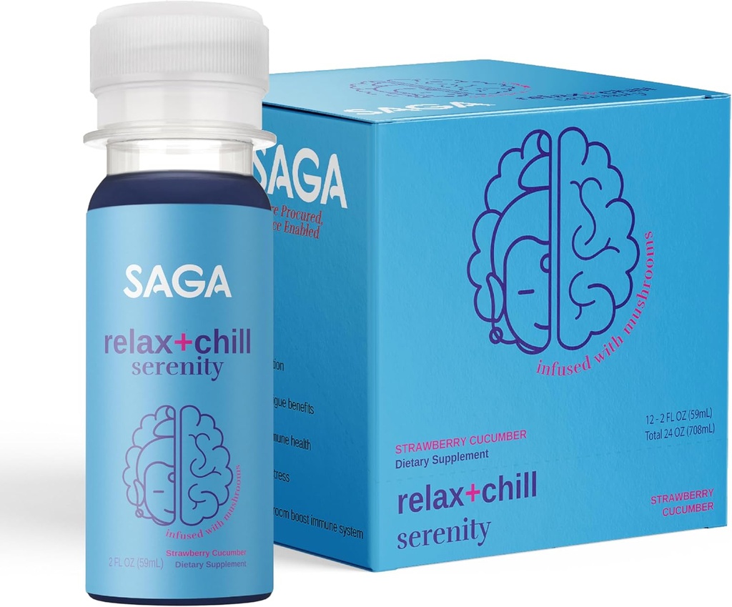 SAGA Relajación Orgánica Zapatos ANTE Contiene Adaptógenos &amp; Mushrooms - Lion's Mane & Kava TEN High Bioavailability & Fast Onset ← Elevate Mood " Reduce Fatigue ¦ Strawberry Cucumber 2oz Shots (12-Pack)