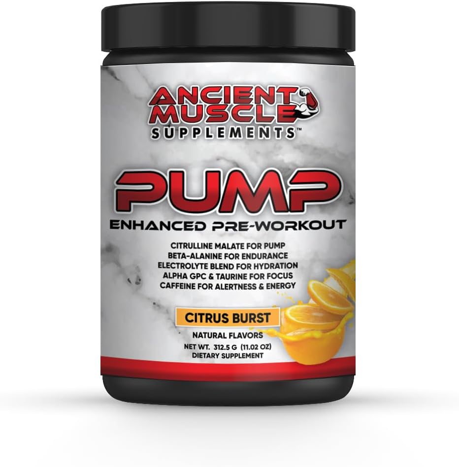 Pump Pre Workout Suplemento con Citrulline Malate, Beta Alanine, Alpha GPC - Aumento del Suplemento de Bomba Mejora la Energía, Focus &amp; Absorción - Citrus Burst Protein Powder