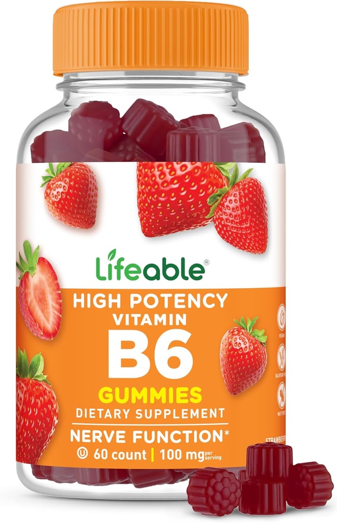 Lifeable Vitamina B6 Gummies TENIDO 100mg TENIDO Great Tasting VIT B6 Suplemento TEN Vegan B6 Vitaminas para Nerve Apoyo Suplemento Silencio Vitamina B 6 para Adultos, Hombres, Mujeres ANTE 60 Gummies