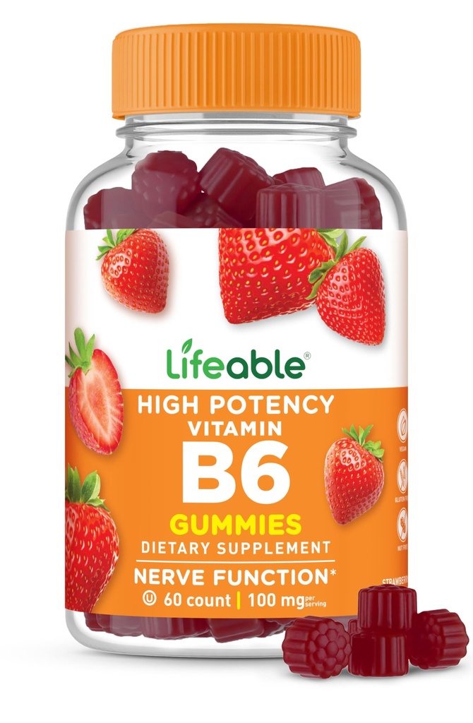 Lifeable Vitamina B6 Gummies TENIDO 100mg TENIDO Great Tasting VIT B6 Suplemento TEN Vegan B6 Vitaminas para Nerve Apoyo Suplemento Silencio Vitamina B 6 para Adultos, Hombres, Mujeres ANTE 60 Gummies