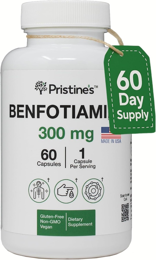 PRISTINE'S Benfotiamine 300mg High Bioavailability Nerve Support Supplement - 60 Day Supply - Fat Soluble Vitamin B1 Supplements - Vegan - Non-GMO