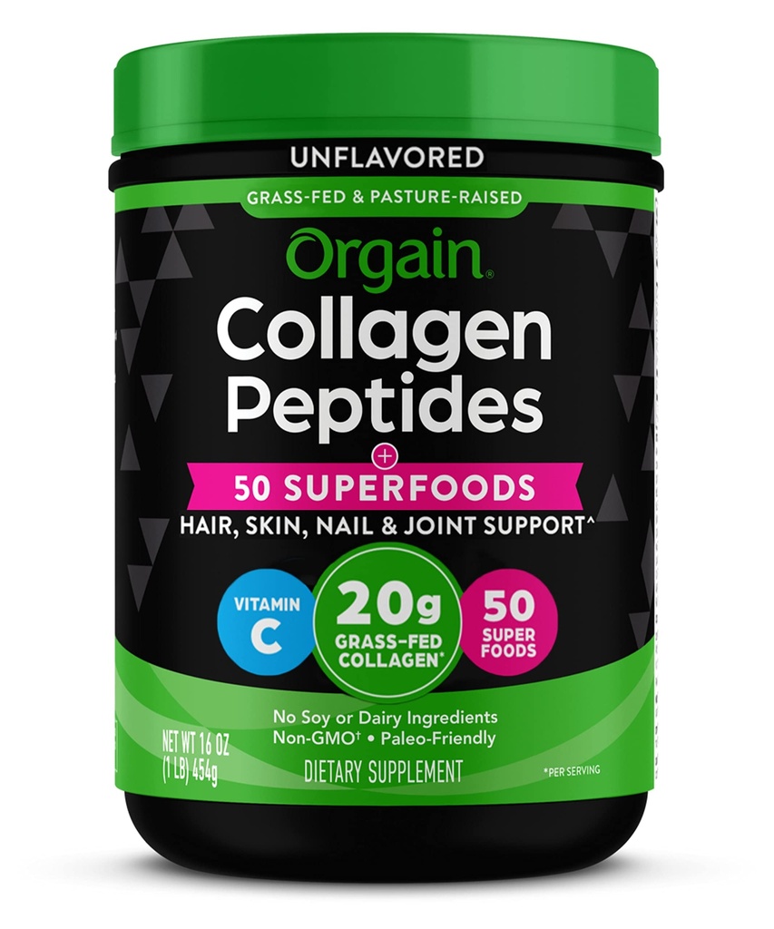 Orgain Hidrolyzed Collagen Powder + 50 Superfoods Orgánicos Para Hombres Mujer, 20g Grass Colágeno con Vitamina C, Desflavorado - Pelo, Piel, Nail, " Suplemento de Soporte Conjunto, No GMO, Tipo I " III, 1lb