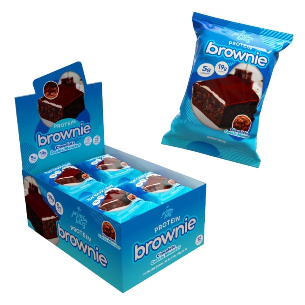 Prime Bites Protein Brownie de Alpha Prime Suplementos ← High Protein, Collagen Fortified Low Sugar Treat ← Delicious Snack ← 12 Bares por caja (Chocolate Cookie Monster)