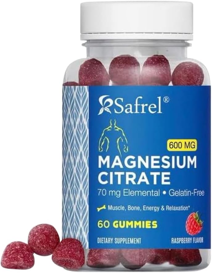 Safrel Magnesium Citrate Gummies - 60 Gummies Vegan, 600mg por Serving - Promueve Relajación, Muscle, Bone, " Energy Support - Adultos " Seniors- Raspberry Flavor (Pack of 1)