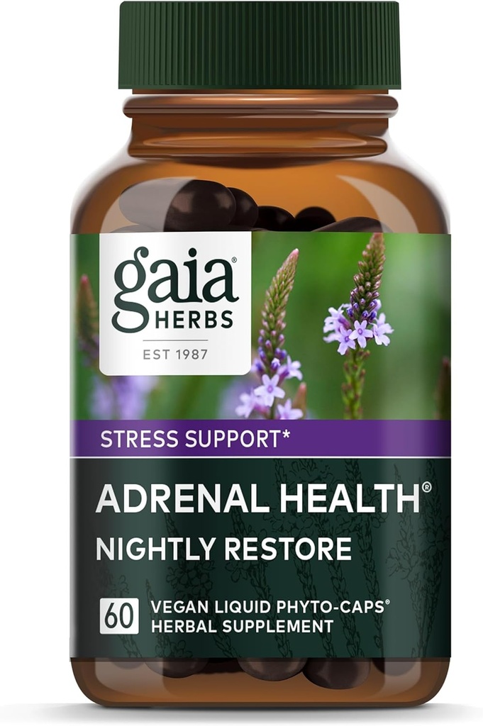 Gaia Herbs Adrenal Health Nightly Restore - Suplemento Herbal con Ashwagandha, Magnolia Bark, Cordyceps, Lemon Balm &amp; Más* - 60 Vegan Liquid Phyto-Capsules (30 Servimientos)