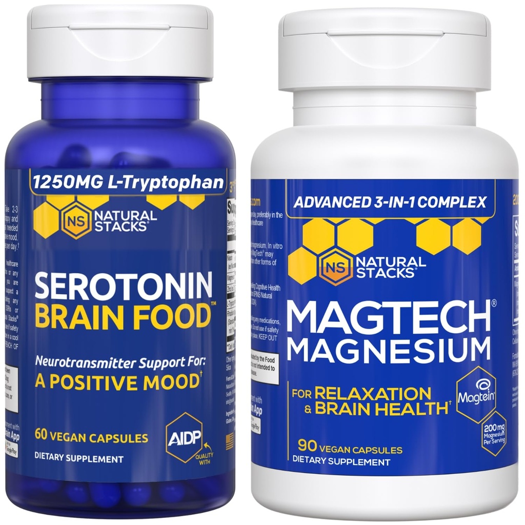 NATURAL STACKS MagTech Magnesium + Serotonin Brain Food Bundle - Supports Relax, Brain Health &amp; a Positive Mood* - 150 Total Capsules