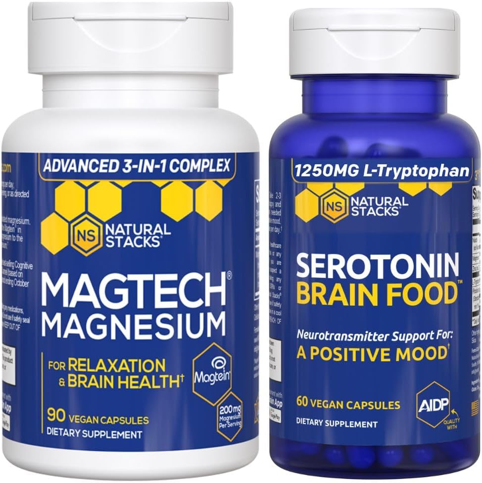 NATURAL STACKS MagTech Magnesium + Serotonin Brain Food Bundle - Supports Relax, Brain Health &amp; a Positive Mood* - 150 Total Capsules