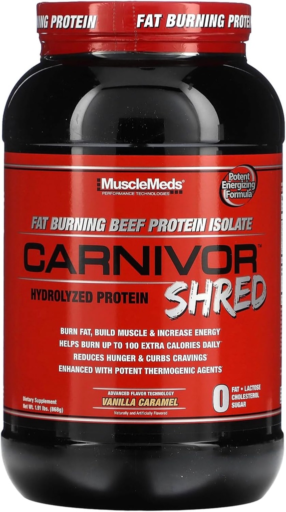 MuscleMeds Carnivor Shred Fat Burning Hydrolized Beef Protein Isolate, 0 Lactose, 0 Sugar, 0 Fat, Vanilla Caramel, 2 libras, 28 Servimientos