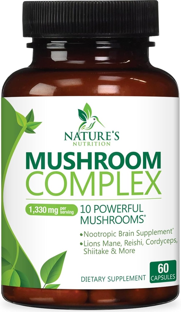 Mushroom Brain Supplement 1330 mg - 10 in 1 High Strength Mushroom Complex with Lions Mane, Turkey Tail, Reishi, Cordyceps, Chaga & Brain Nootropic Complex for Memory & Focus Support - 60 Capsules