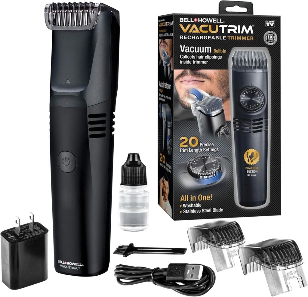Vacutrim Cordless Mens Beard Trimmer, Afeitado eléctrico recargable con 20 Trim Setting Calibration Dial y Vacuo incorporado para bigote, Sideburns. Pelo facial, negro, 7,5", como se ve en la televisión