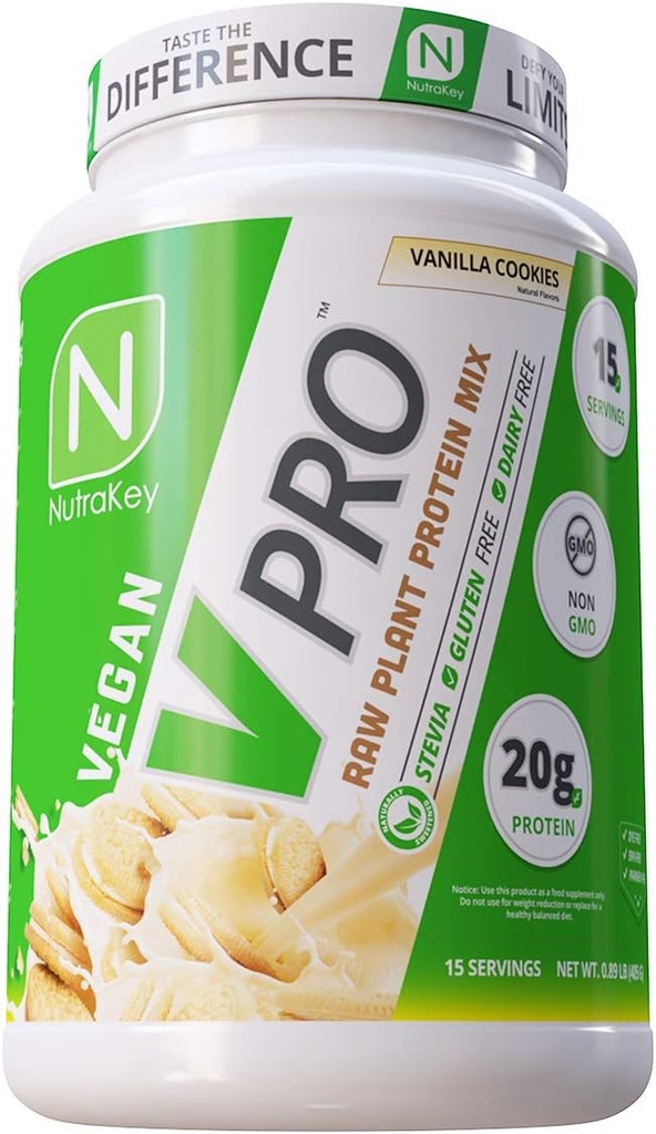 NutraKey V-Pro, Raw Plant Protein Powder, Organic, Vegan, Low Carb, Gluten Gratis con 20g de Protein (Vanilla Cookie) 1.78-Pound.