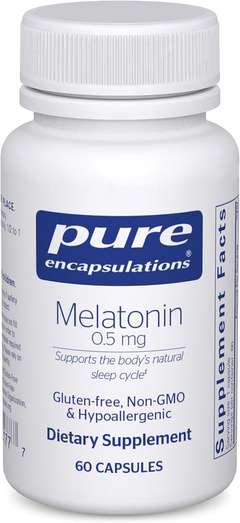 Encapsulaciones puras Melatonina 0.5 mg - Ayudador natural del sueño para la hora de dormir - Regula el ciclo del sueño-algo - 0.5 mg Melatonina - Vegan " No GMO - 60 cápsulas