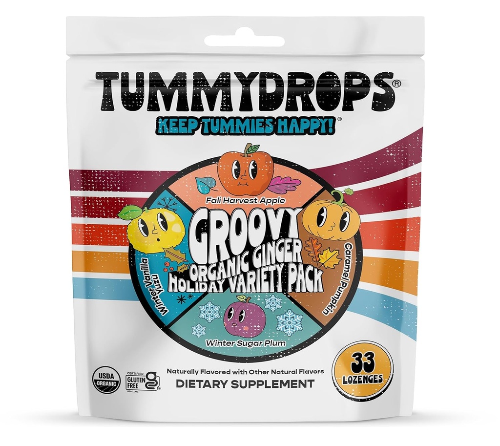 USDA Organic Groovy Ginger Holiday Variety Tummydrops (Mix of Caramel Pumpkin, Fall Apple, Winter Yuzu & Sugar Plum Ginger Flavors). Bolsa con 33 gotas surtidas. Certified Gluten Free.