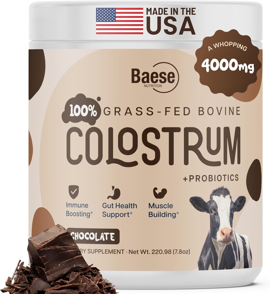 Chocolate orgánico 4000mg Grass Fed Bovine Colostrum Powder + Probióticos Colostrum Suplemento para niños y adultos con inmunoglobulinas (220.98 gramos)