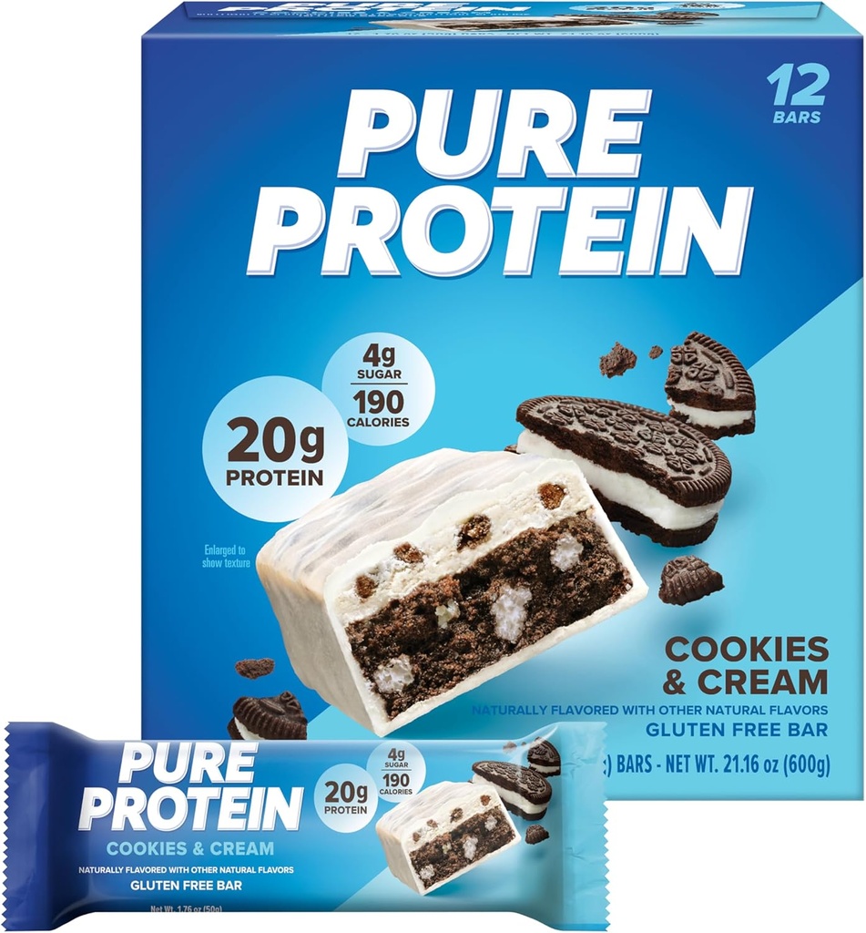 Barras de proteína puras, alta proteína, nutriciosas para soportar energía, bajo azúcar, sin gluten, cookies y crema, 1,76oz, 12 Pack