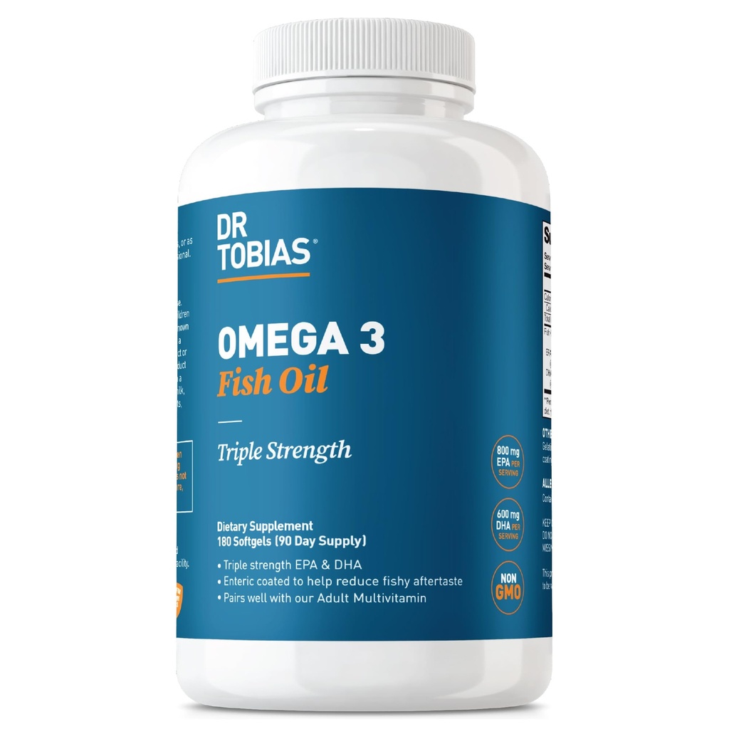 Dr. Tobias Omega 3 Fish Oil, 2000mg Triple Strength con 800mg EPA 600mg DHA Por Serving, Fish Oil Omega 3 Suplementos para Heart, Brain &amp; Immune Support, 180 Softgels, 90 Servings