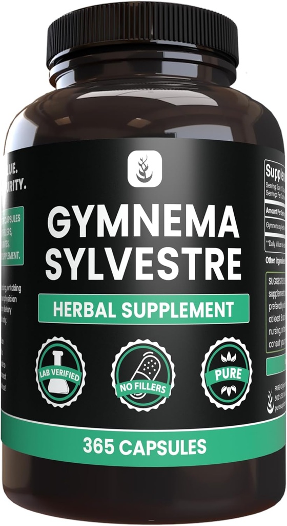 PURE ORIGINAL INGREDIENTES Gymnema Sylvestre (365 capsules), No Magnesio o Rice Fillers, Siempre Puro, Lab Verificado