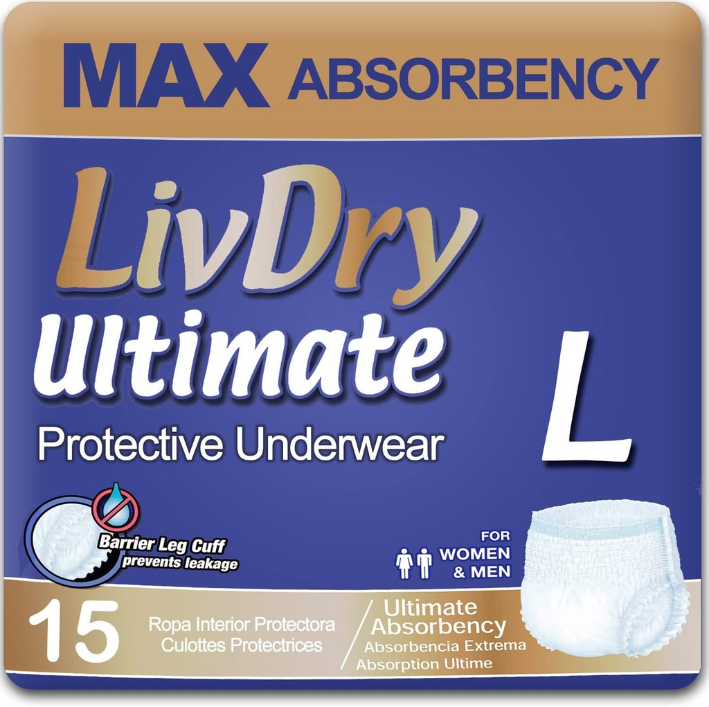 Ropa interior de incontinencia de adultos grandes, Max Absorbent Adult Diapers con protección de leak, L, 15-Pack