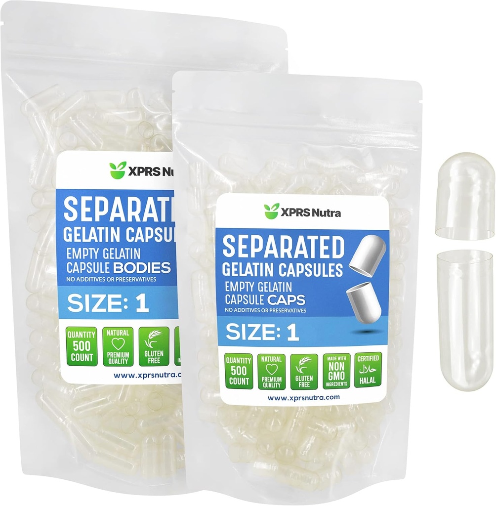 XPRS Nutra Size 1 Gelatin Separated Capsules - 500 Count Empty Pill Capsules Separated in Bags - Clear Empty Pills for Do-It-Yourself DIY Supplement Filling
