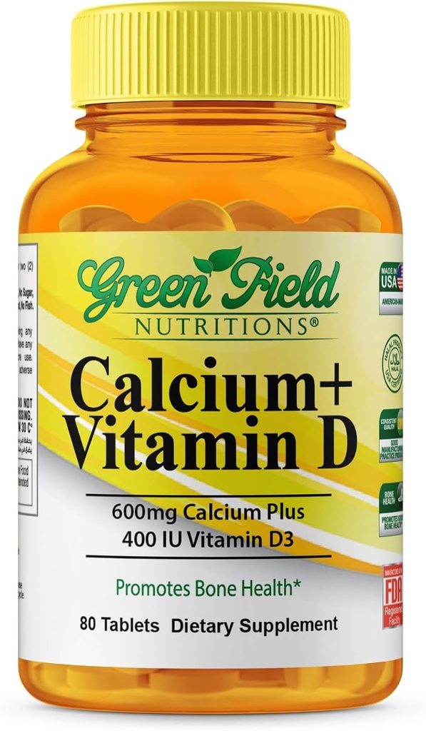 Greenfield Nutritions Halal Calcium Tablets with Vitamin D3 - Halal Calcium 600mg with Vitamin D3 400IU - 90 Halal Vitamins Calcium Tablets for Women and Men, Supports Bone Teeth and Immune Health