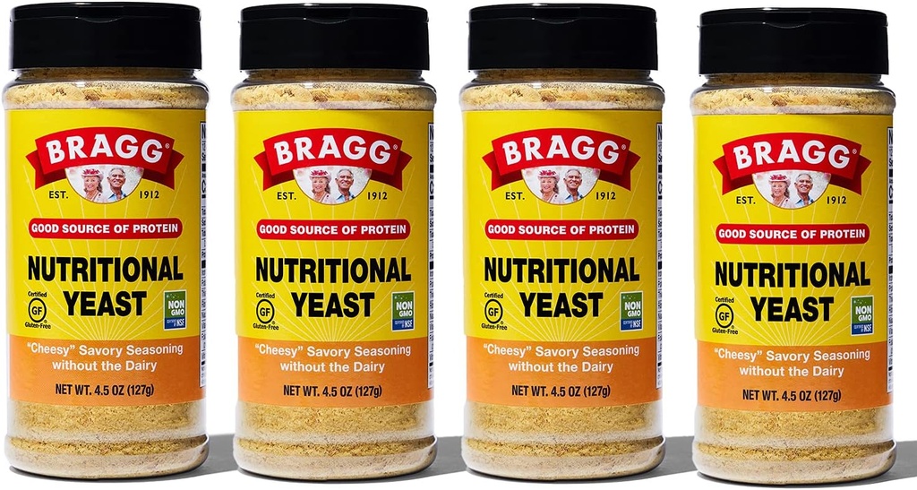 Bragg Nutritional Yeast Seasoning – Vegan, Gluten Free Cheese Flakes – Good Source of Protein & Vitamins – Nutritious Savory Parmesan Cheese Substitute – Non GMO Verified, 4.5 Ounce, 4-Pack