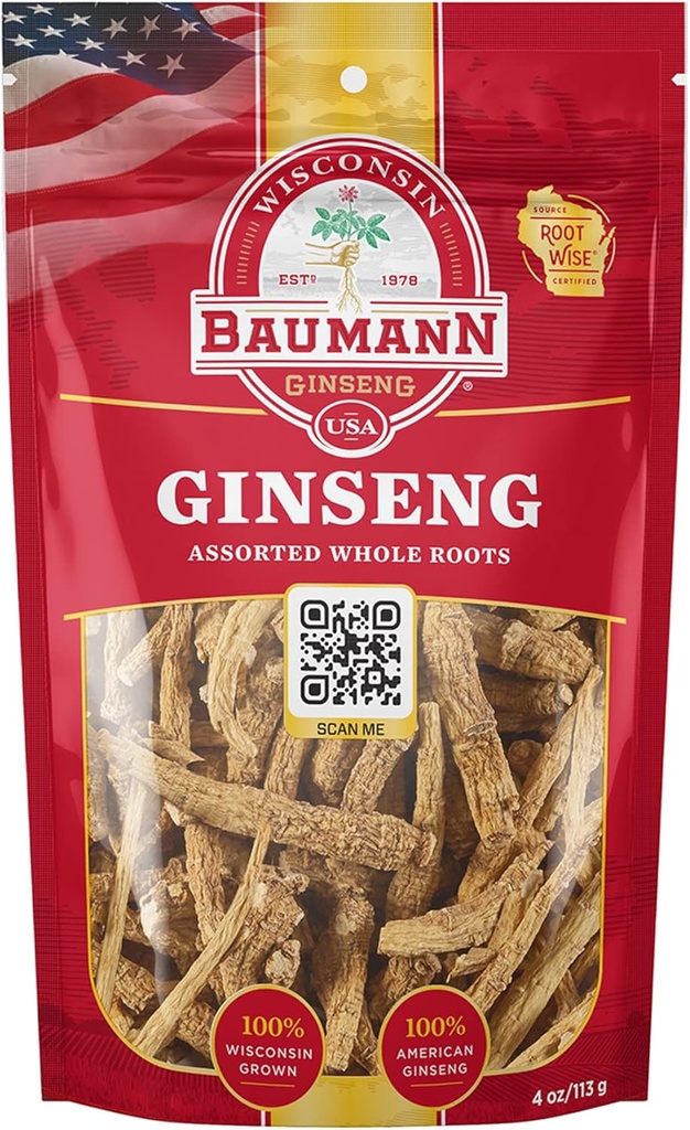 Baumann Wisconsin Ginseng surtidos enteros 4 oz - 100% natural Panax Ginseng Herb, puro Ginseng americano seco para energía mejorada