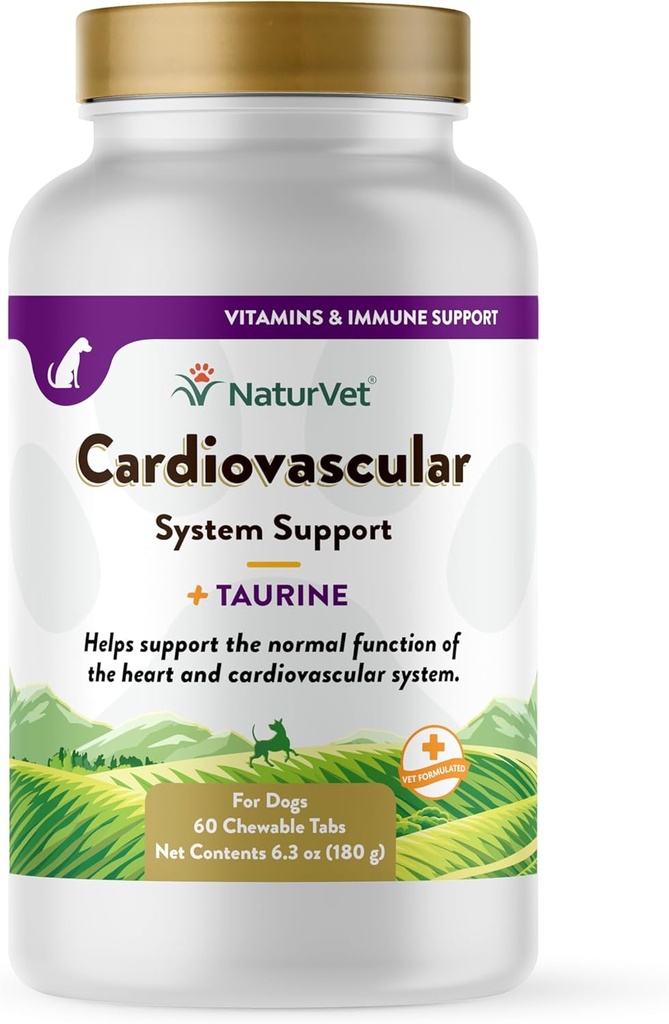 NaturVet Cardiovascular Support Dog Supplement Plus Taurine – Helps Support Dog Heart and Cardiovascular Systems – Incluye Antioxidantes, Magnesio, Hawthorn, L-Carnitine – 60 Ct.