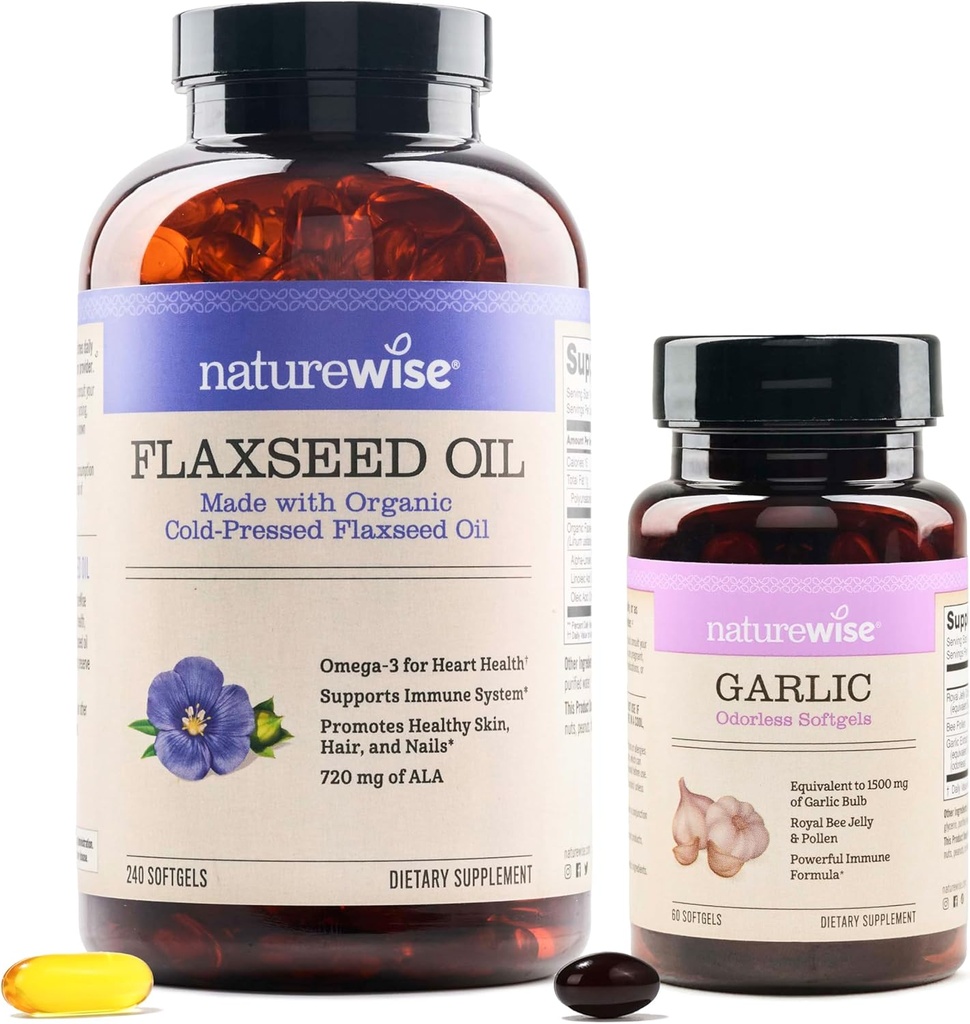 NatureWise Organic Flaxseed Oil Max 720mg ALA ← Highest Potency Flax Oil Omega 3 Ajo Odorless Softgels 1500mg Apoyo dientes &amp; Sistema Inmunitario Salud