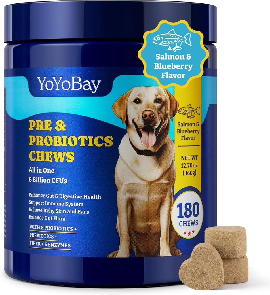 Probióticos para perros - Probióticos para perros para Gut, Inmune &amp; Skin Health - 6 Billion CFUs, 180 Soft Chews, Salmon & Blueberry Flavor - con Prebióticos & Enzymes Digestivos
