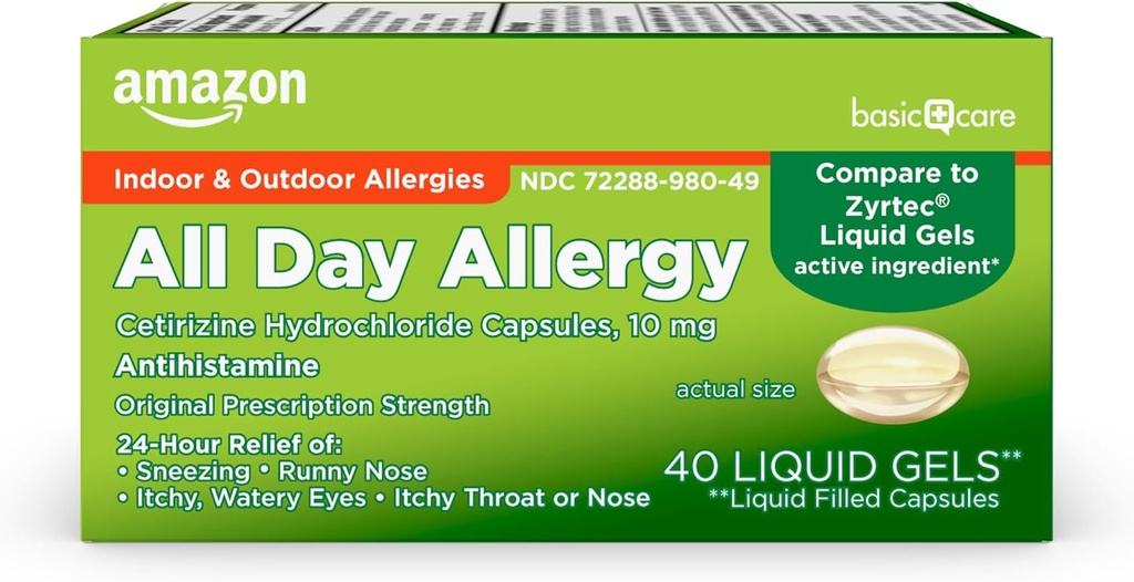 Atención básica Medicina de la alergia a todo el día, 24 horas Alergía Líquida Gels Capsule, Cetirizine Hydrochloride, 10 mg, Antihistamine, 40 Con