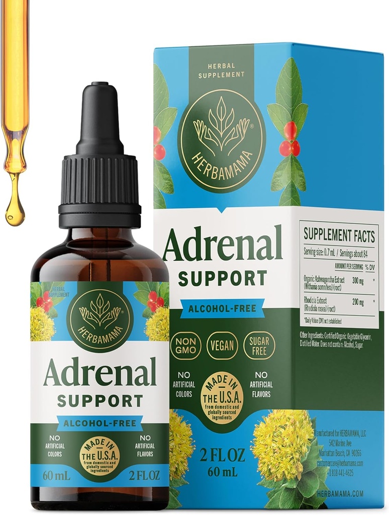 HERBAMAMA Soporte adrenal gotas líquidas - Vegan Adrenal Tincture con Ashwagandha Root & Rhodiola Rosea Extract - Non-GMO, Alcohol &amp; Sugar-Free Supplement - 28-Day Supply