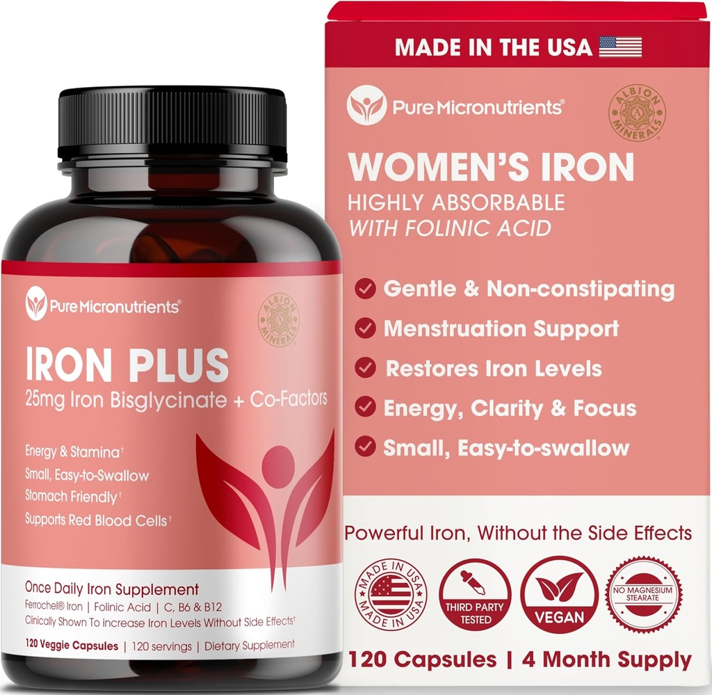Suplemento de hierro para mujeres - Gentil Chelate Iron Bisglycinate 25 mg con vitamina C, B6, B12 Ácido Fólico – Apoya la deficiencia de hierro, Menstrual Health & Energy - 120 Cuenta