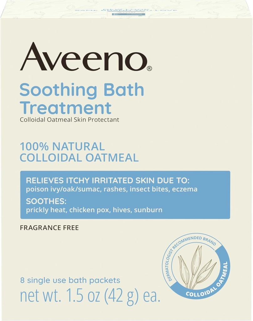 Tratamiento de baño sin fragancia Aveeno " Soak for Soothing Relief, 100% natural de avena fría, Alivia picazón, piel irritada Debido a Eczema, 8 paquetes de baño de uso único