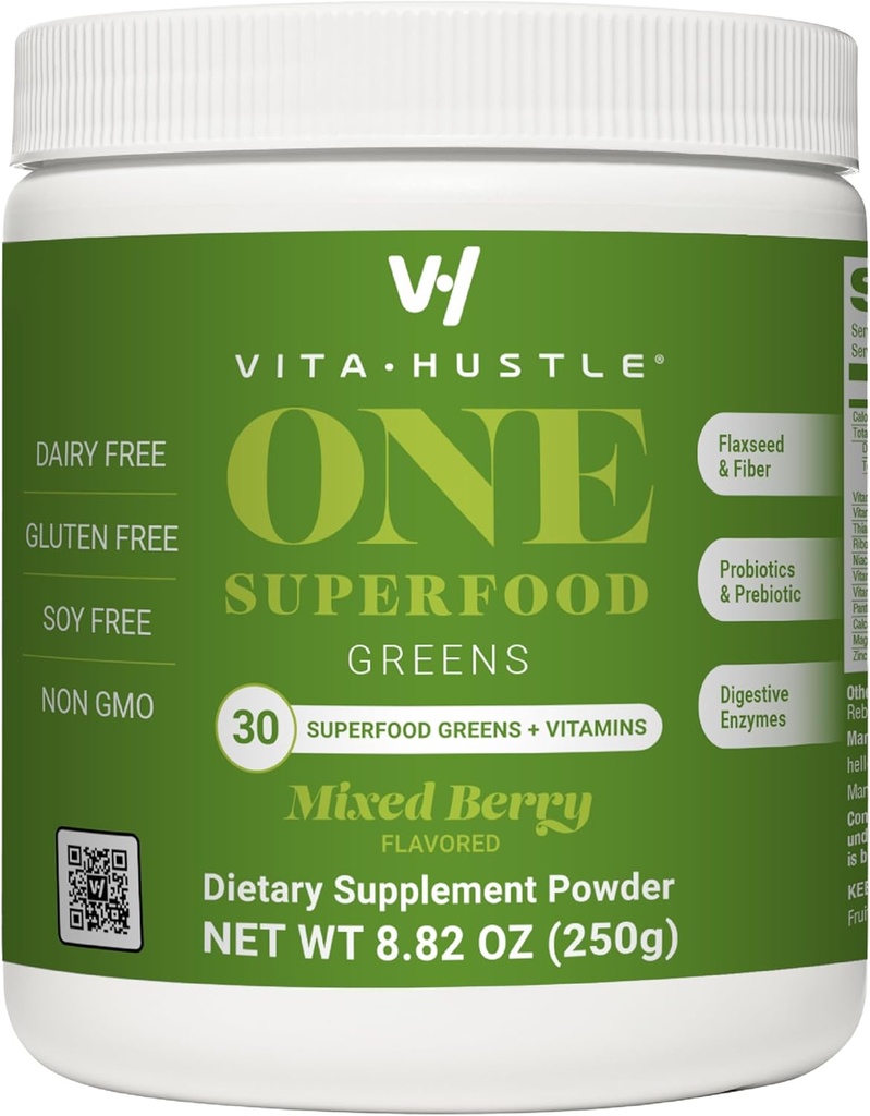 VitaHustle ONE Superfood Super Greens Polvo con Prebióticos + Probióticos, Reducir Bloating, Detox, Gut Health, Spirulina, Clorella, Enzymes Digestivos (Berry Flavor, 25 Servings)