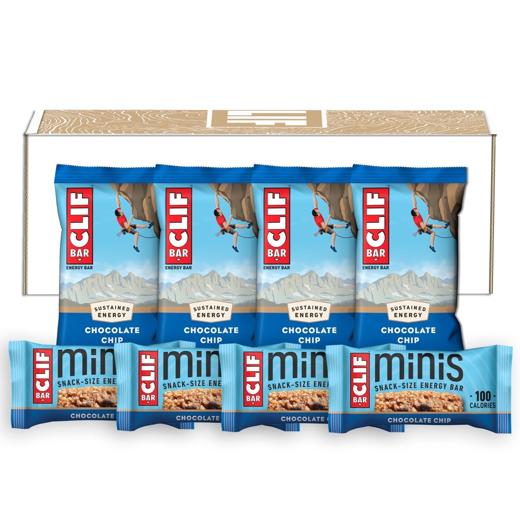CLIF BAR - Chocolate Chip - Tamaño completo y Mini barritas de energía - Hecho con avena orgánica - No GMO - Planta de base - 2.4 oz. y 0.99 oz. (20 conteo)