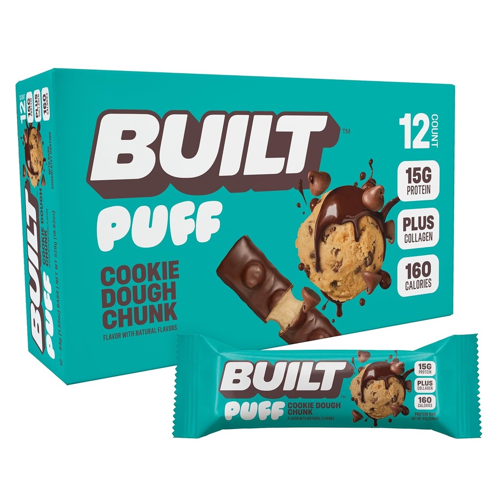 Barras de proteína, Puff Protein Bars, Cookie Dough Chunk Puff, 15g Protein Snacks, On-The-Go Bars, Sólo 160 Calories, 8g Azúcar, Collagen, No Gluten Free, 12 Conde