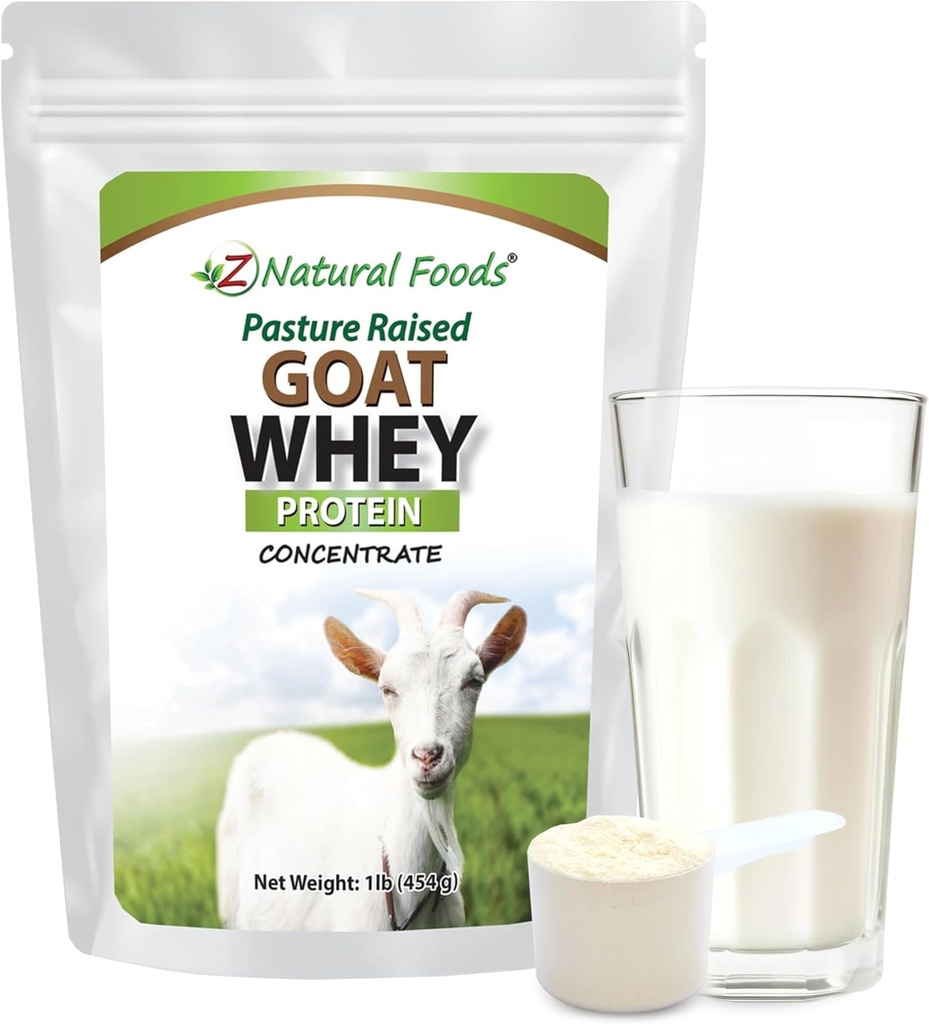 Z Natural Foods Goat Whey Protein Powder Concentrate - Undenatured, Unflavored, Pasture Raised Whey - Pólvora Proteína de Goat limpia con proteínas vitales para la gestión de peso, soporte de inmuno, fitness, 1 lb