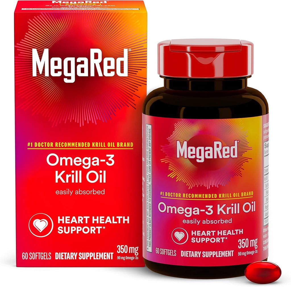 Omega-3 Krill Oil 350mg Softgels, MegaRed (60 Cuenta en una botella), EPA & DHA Omega-3 Ácidos grasos sin sabor a pescado A diferencia del aceite de pescado, contiene astaxante antioxidante