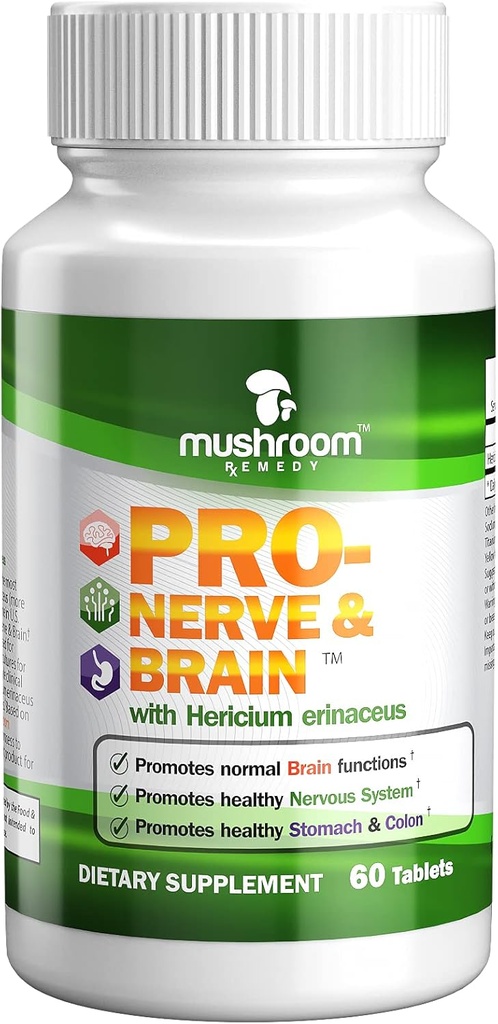 PRO-Nerve " Brain TENIDO Suplemento herbal todo-Natural para la memoria, sistema nervioso, estómago, colon, tracto digestivo, extracto de seno de león clínicamente estudiado, vegano, no fumador, EE.UU. Hecho, 60 tabletas