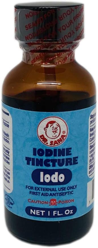 Dr. Sana Iodine Tincture. Primera Ayuda Antiséptica. Previene la Infección en Raspas Menores, Cortas, Brujas y Quemaduras. 1 fl.oz.
