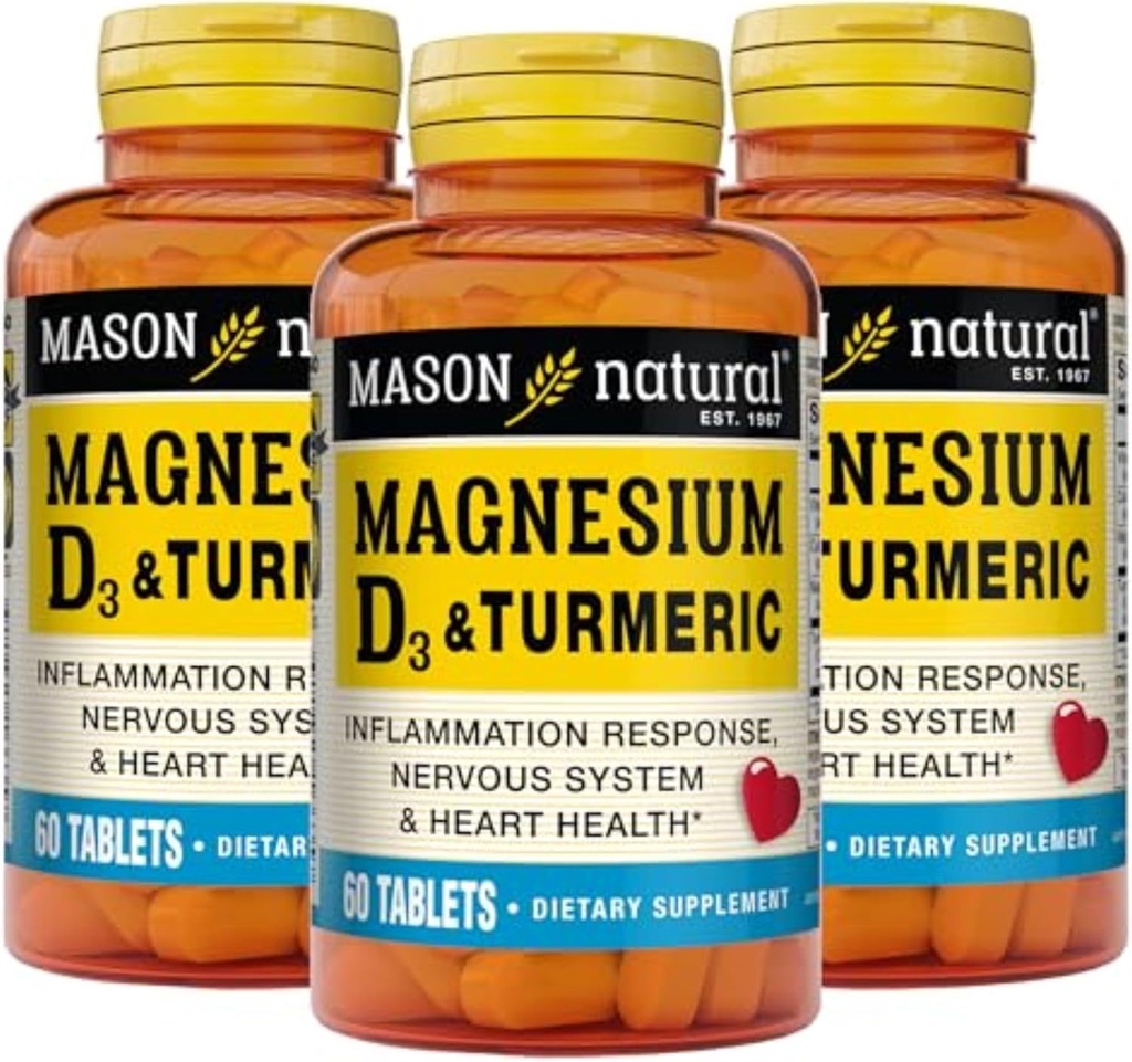 MASON Magnesio NATURAL &amp; Vitamina D3 con Turmérico, 180, Suministro de Días, Suplemento dietético para el soporte de bienestar diario, 60 Tabletas (Pack of 3)