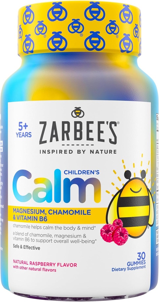Zarbee's Naturals Children’s Calm Gummies, Magnesium for Kids Ages 5+, Melatonin-Free, Support for a Calm Mind & Body, Chamomile &amp; Vitamin B6, Natural Raspberry Flavor, 30 Count Gummies