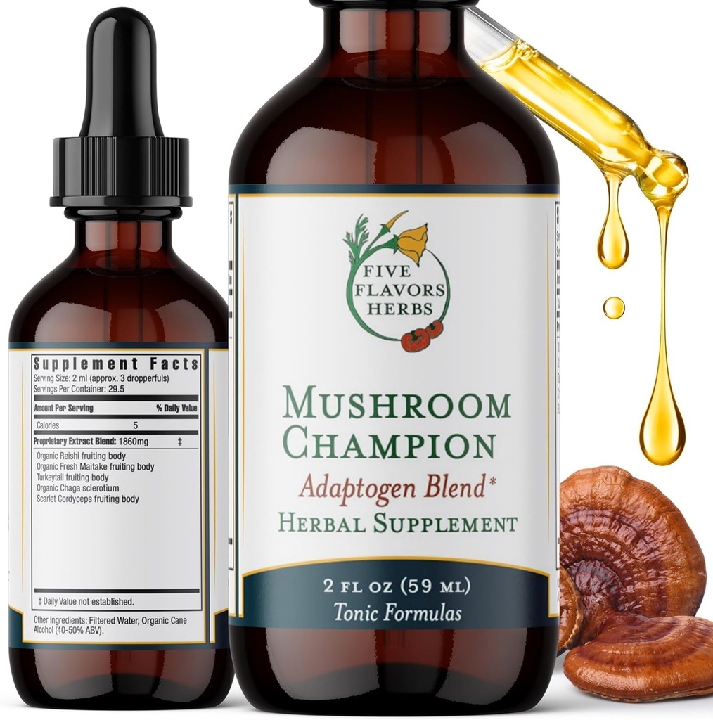 Mushroom Champion Tincture - Apoyo metabólico, Apoyo Inmunitario, Apoyo Respiratorio, Adaptogen Blend, Fórmula Tonica, Reishi, Maitake, Suplemento Herbal - 2 Fl Oz