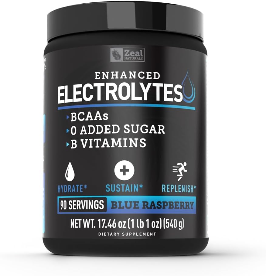Zeal Naturals Electrolyte Powder Recovery Drink (90 Servings ← Blue Raspberry) w 0 Sugar +BCAAs +B-Vitamins Electrolyte Suplemento w Potassium Zinc &amp; Magnesium for Hydration - Keto Electrolytes