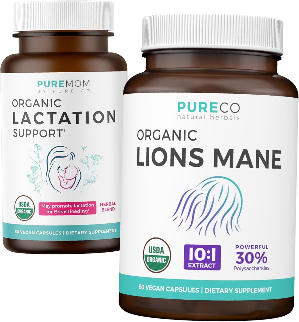Apoyo a la lactancia " Lions Mane (1-Month Supply) Mothers Mind Bundle of Organic Lactation Support - Ayuda para Madres de Enfermería (60 cápsulas) " Organic Lions Mane Mushroom 10:1 Extracto (60 cápsulas)