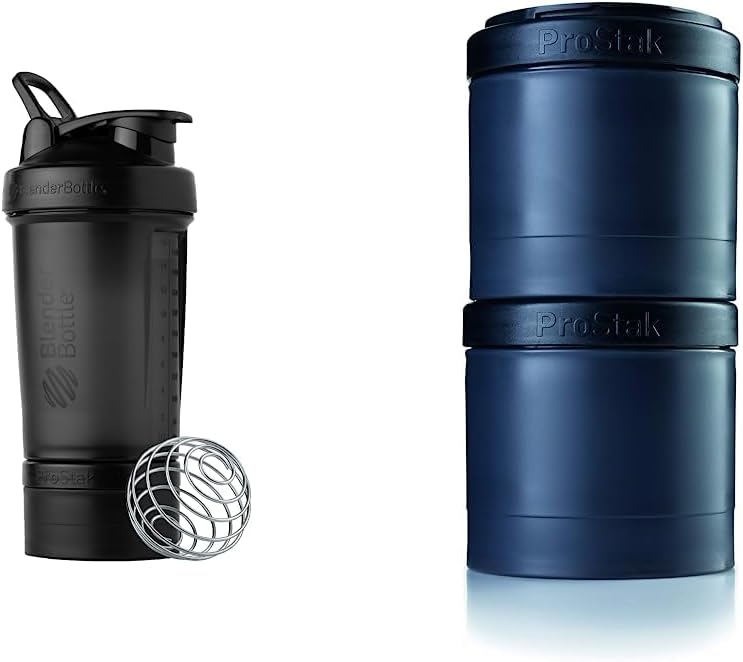 BlenderBottle Shaker Bottle with Pill Organizer and Storage for Protein Powder, ProStak System, 22 Ounce, Midnight Black &amp; ProStak Twist n' Lock Storage Jars Expansion 2-Pak with Pill Tray, All Black