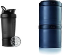 BlenderBottle Shaker Bottle with Pill Organizer and Storage for Protein Powder, ProStak System, 22 Ounce, Midnight Black &amp; ProStak Twist n' Lock Storage Jars Expansion 2-Pak with Pill Tray, All Black