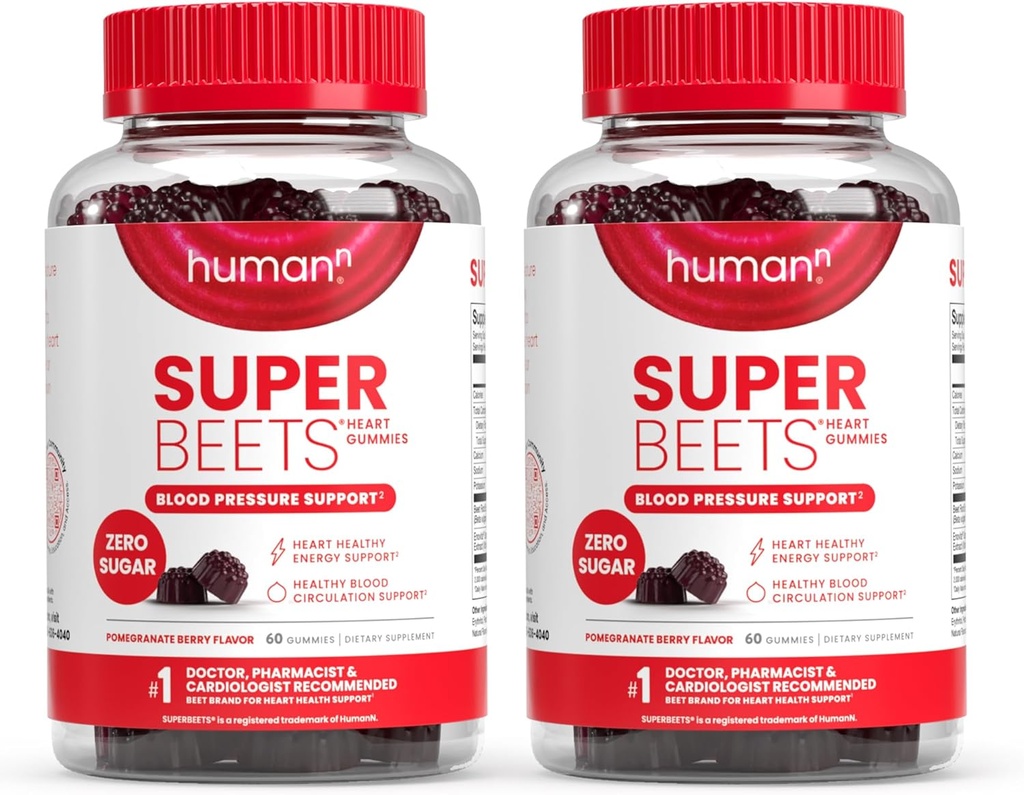 humanN SuperBeets Heart Gummies - Beet Gummy with Heart-Healthy Energy Support, Grape Seed Extract " Beetroot Powder, Sugar Free - Pomegranate Berry Flavor, 120 Count